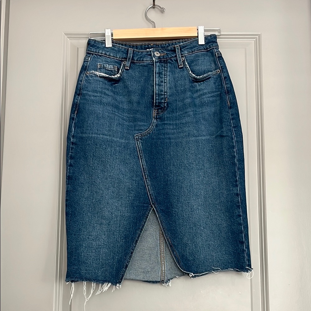 Old Navy Women's Dark Blue Midi Denim Skirt with Raw Hem and Slit Button Fly